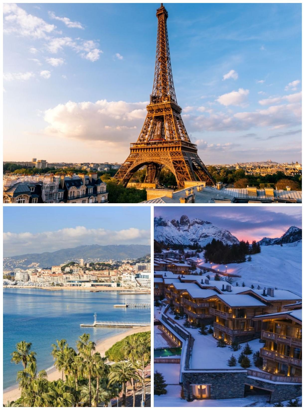 Nos zones d'actions privilégiées. Collage de la Tour Eiffel, d'une plage méditerranéenne et d'un paysage alpin enneigé.