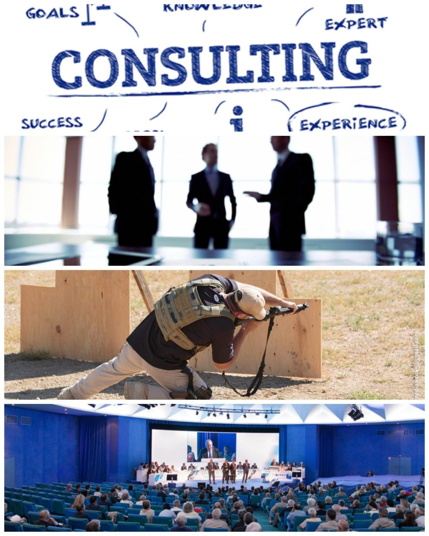Nos savoirs-faire en matière de formations et de conseils. Consultants discussing strategies, a shooting tactical instructor, and a conference audience.