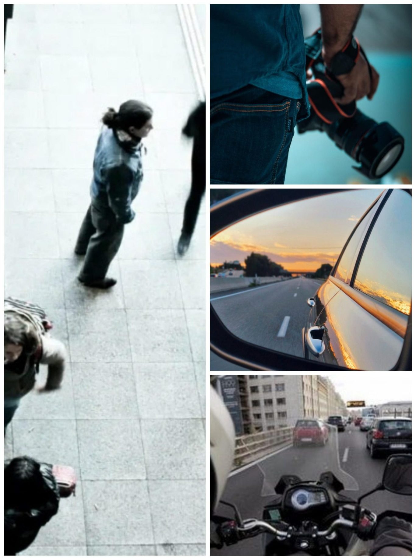 Notre solution de soutien opérationnel et logistique. Personne debout avec un appareil photo, routes et zones urbaines visibles en voiture et moto.