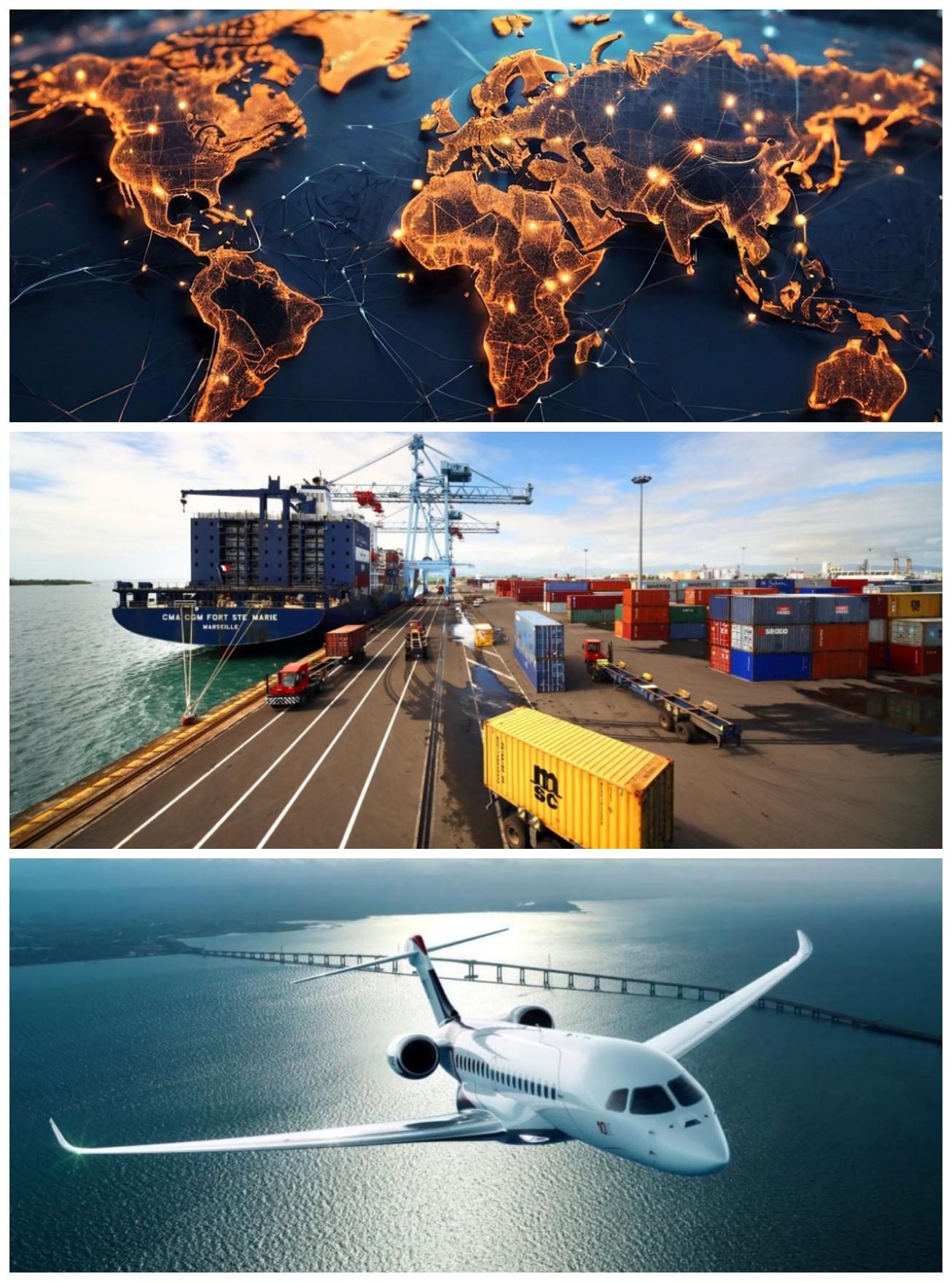 A votre service 24 heures sur 24 et 7 jours sur 7. Carte du monde, port de marchandises, et avion survolant l'océan.